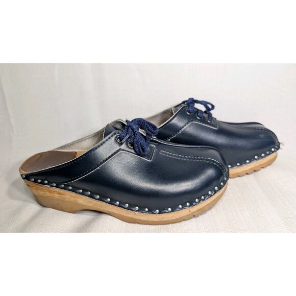 Troentorp Bastad Vintage Navy Blue Laces Leather Clogs Made In Sweden Sz 37 - Picture 4 of 6